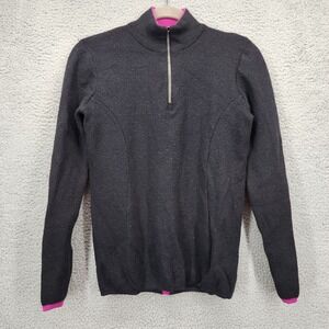 Ibex Womens Small 100% Superwash Wool Quarter Zip Sweater Gray Pink Stripe